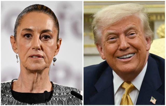 (FILES) (COMBO) This combination of file pictures created on July 31, 2025 shows Mexico's President Claudia Sheinbaum (L) gesturing in a press conference at Palacio Nacional in Mexico City on April 3, 2025, and US President Donald Trump speaking in a meeting with Bahraini Crown Prince Salman bin Hamad al-Khalifa in the Oval Office of the White House in Washington, DC, on July 16, 2025. Mexican President Claudia Sheinbaum said on October 27, 2025, that she spoke two days earlier with US President Donald Trump to discuss ongoing trade negotiations between the two countries, which have been underway for nearly three months. (Photo by Christopher Furlong and Alfredo ESTRELLA / AFP)