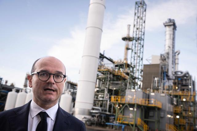 France’s junior Minister for industry Sebastien Martin answers journalists at the Alsachimie and Butachimie plant in Chalampe, eastern France, on October 27, 2025. (Photo by SEBASTIEN BOZON / AFP)