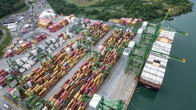 (FILES) This aerial view shows the Rodman port terminal, at the Pacific entrance of the Panama Canal in Panama City on October 6, 2025. The Panama Canal Authority announced plans on October 27, 2025, to build two ports by 2029 at a cost of 2.6 billion dollars, amid uncertainty over the future of Hong Kong-based concessionaire Hutchison Holdings. (Photo by MARTIN BERNETTI / AFP)