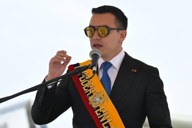 Ecuador's President Daniel Noboa delivers a speech during a ceremony marking the 105th anniversary of the founding of the National Aviation and Ecuadorian Air Force Day, at Mariscal Sucre Air Base in Quito, on October 27, 2025- (Photo by Rodrigo BUENDIA / AFP)