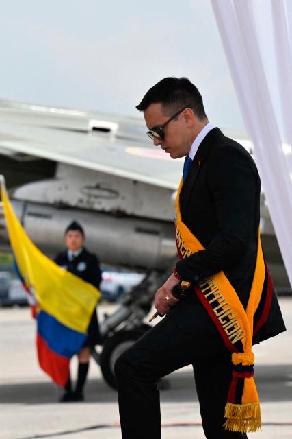 Ecuador's President Daniel Noboa attends a ceremony marking the 105th anniversary of the founding of the National Aviation and Ecuadorian Air Force Day, at Mariscal Sucre Air Base in Quito, on October 27, 2025- (Photo by Rodrigo BUENDIA / AFP)