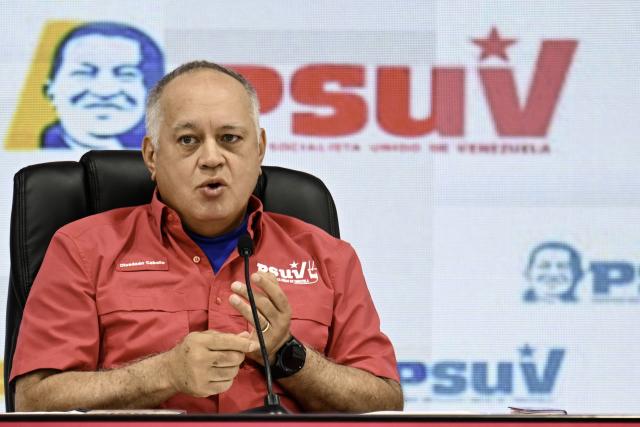 Venezuela's Minister of Interior Relations, Justice, and Peace, Diosdado Cabello, speaks during a press conference of the United Socialist Party of Venezuela (PSUV) in Caracas on October 27, 2025. (Photo by Juan BARRETO / AFP)