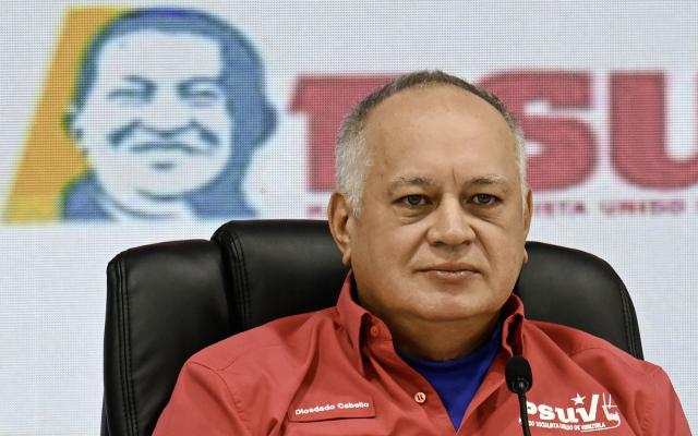Venezuela's Minister of Interior Relations, Justice, and Peace, Diosdado Cabello, gestures during a press conference of the United Socialist Party of Venezuela (PSUV) in Caracas on October 27, 2025. (Photo by Juan BARRETO / AFP)