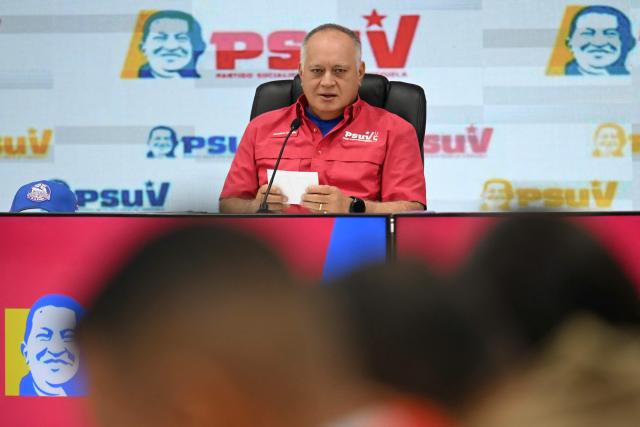 Venezuela's Minister of Interior Relations, Justice, and Peace, Diosdado Cabello, speaks during a press conference of the United Socialist Party of Venezuela (PSUV) in Caracas on October 27, 2025. (Photo by Juan BARRETO / AFP)