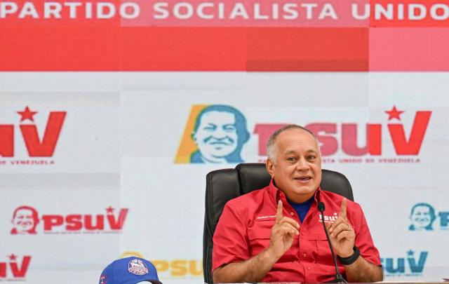 Venezuela's Minister of Interior Relations, Justice, and Peace, Diosdado Cabello, speaks during a press conference of the United Socialist Party of Venezuela (PSUV) in Caracas on October 27, 2025. (Photo by Juan BARRETO / AFP)