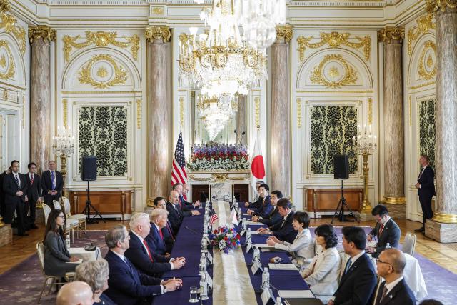 Japan's Prime Minister Sanae Takaichi (centre R) and US President Donald Trump attend a Japan-US Summit at the Akasaka State Guest House in Tokyo on October 28, 2025. (Photo by FRANCK ROBICHON / POOL / AFP)