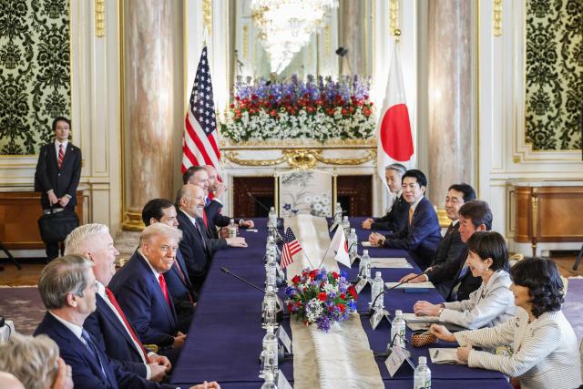 Japan's Prime Minister Sanae Takaichi (2nd R) and US President Donald Trump attend a Japan-US Summit at the Akasaka State Guest House in Tokyo on October 28, 2025. (Photo by FRANCK ROBICHON / POOL / AFP)