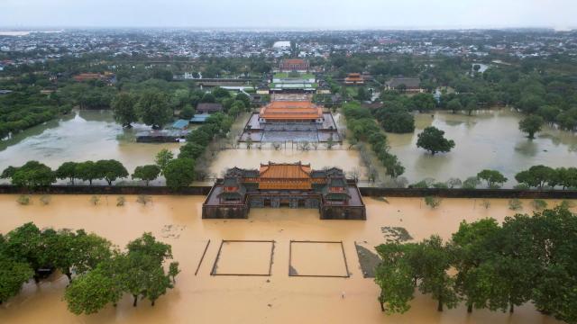 An aerial view shows floodwaters inundating the Imperial City in Hue on October 28, 2025. (Photo by AFP)