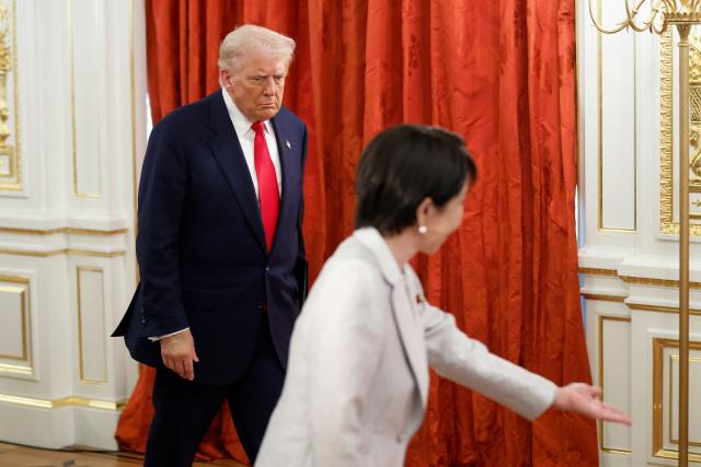 US President Donald Trump and Japan's Prime Minister Sanae Takaichi attend a signing ceremony at the Akasaka State Guest House in Tokyo on October 28, 2025. (Photo by Kiyoshi Ota / POOL / AFP)