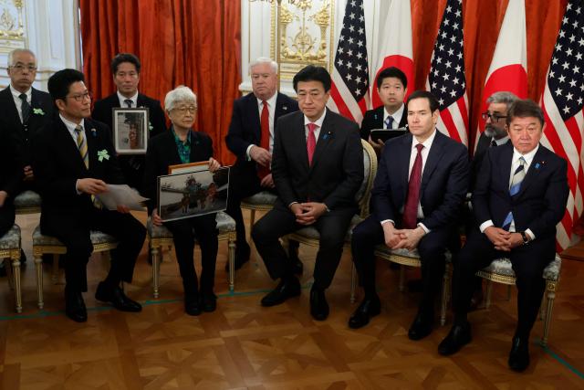 US Secretary of State Marco Rubio (front 2nd R), Japan's Foreign Minister Toshimitsu Motegi (R) and Japan's Chief Cabinet Secretary Minoru Kihara (front 3rd R) take part in a meeting between family members of Japanese citizens abducted by North Korea and US President Donald Trump at the Akasaka State Guest House in Tokyo on October 28, 2025. (Photo by Kiyoshi Ota / POOL / AFP)