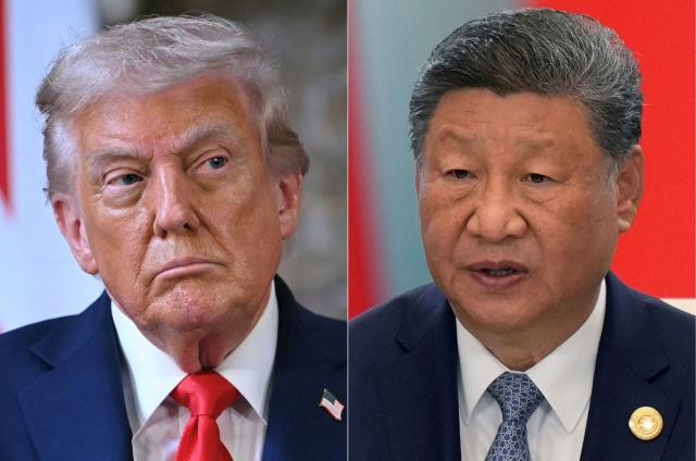 (COMBO) This combination of file pictures created on September 19, 2025 shows (L-R) US President Donald Trump attending a joint press conference at Chequers in Aylesbury on September 18, 2025, and Chinese President Xi jinping delivering a speech during the Shanghai Cooperation Organization (SCO) Summit 2025 at the Meijiang Convention and Exhibition Centre in Tianjin on September 1, 2025. US President Donald Trump will meet his Chinese counterpart Xi Jinping on October 30, 2025 in South Korea, their first in-person encounter since 2019. (Photo by ANDREW CABALLERO-REYNOLDS and SUO TAKEKUMA / various sources / AFP)
