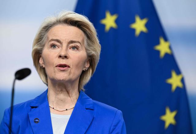 European Commission President Ursula von der Leyen addresses a press conference of the 77th session of the Nordic Council in Stockholm on October 28, 2025. . (Photo by Jonathan Nackstrand / AFP)