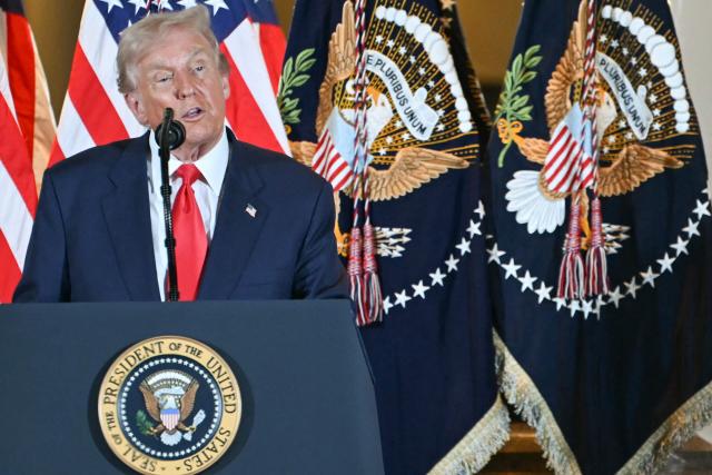 US President Donald Trump delivers a speech to business leaders at the US ambassador's residence in Tokyo on October 28, 2025. (Photo by ANDREW CABALLERO-REYNOLDS / AFP)