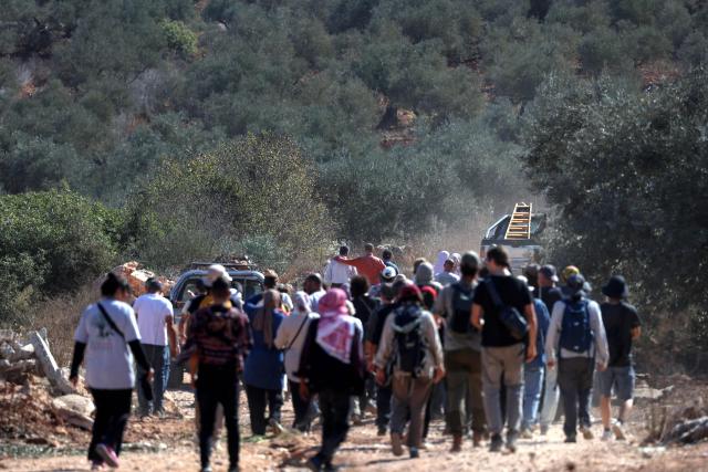 Palestinian farmers and foreign volunteers make their way to help harvest the olive groves near the Israeli occupied Palestinian West Bank village of Turmus Ayya, near the city of Ramallah on October 28, 2025. The Israeli army lobbed tear gas canisters at the farmers and volunteers to prevent them from picking the harvest. (Photo by Zain JAAFAR / AFP)