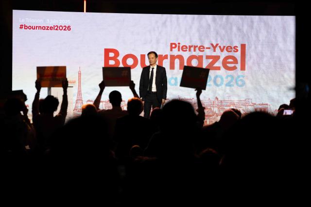 (FILES) Secretary General of the Horizons party and Paris Councilor Pierre-Yves Bournazel delivers a speech during the launch of his mayoral election campaign for the city of Paris, during a rally at the Trianon concert venue in Paris, on June 3, 2025. Renaissance, the Macronist party led by Gabriel Attal, is preparing to support Pierre-Yves Bournazel of the Horizons party in the Paris municipal elections on October 28, 2025, barring a reversal of fortune, while some of the party's leadership is leaning toward an alliance with Rachida Dati, who was also favored by Emmanuel Macron. (Photo by Emma DA SILVA / AFP)