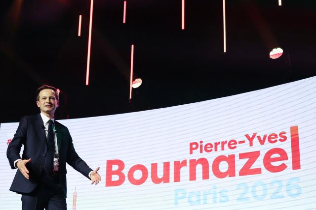 (FILES) Secretary General of the Horizons party and Paris Councilor Pierre-Yves Bournazel gestures as he delivers a speech during the launch of his mayoral election campaign for the city of Paris, during a rally at the Trianon concert venue in Paris, on June 3, 2025. Renaissance, the Macronist party led by Gabriel Attal, is preparing to support Pierre-Yves Bournazel of the Horizons party in the Paris municipal elections on October 28, 2025, barring a reversal of fortune, while some of the party's leadership is leaning toward an alliance with Rachida Dati, who was also favored by Emmanuel Macron. (Photo by Xavier GALIANA / AFP)