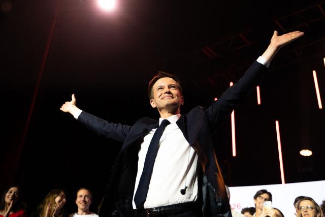 (FILES) Secretary General of the Horizons party and Paris Councilor Pierre-Yves Bournazel waves during the launch of his mayoral election campaign for the city of Paris, during a rally at the Trianon concert venue in Paris, on June 3, 2025. Renaissance, the Macronist party led by Gabriel Attal, is preparing to support Pierre-Yves Bournazel of the Horizons party in the Paris municipal elections on October 28, 2025, barring a reversal of fortune, while some of the party's leadership is leaning toward an alliance with Rachida Dati, who was also favored by Emmanuel Macron. (Photo by Emma DA SILVA / AFP)