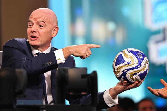 FIFA President Gianni Infantino speaks during the Future Investment Initiative (FII) conference in Riyadh on October 28, 2025. Saudi Arabia kicked off a major investment conference featuring heads of state and the global business elite on October 28 as it seeks support for its sprawling "gigaprojects" and sky-high AI ambitions. (Photo by Fayez Nureldine / AFP)
