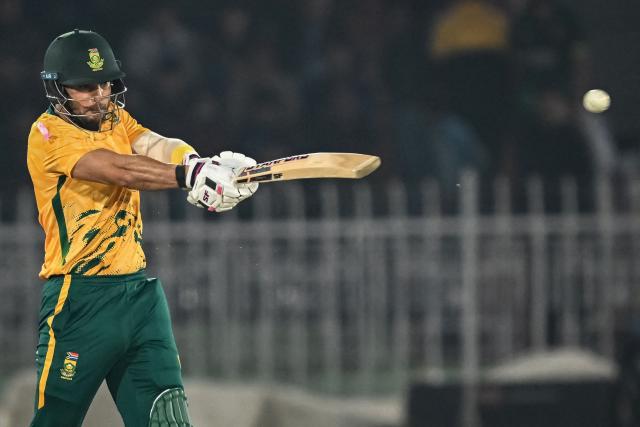 South Africa's Reeza Hendricks plays a shot during the first Twenty20 international cricket match between Pakistan and South Africa at Rawalpindi Cricket Stadium in Rawalpindi on October 28, 2025. (Photo by Farooq NAEEM / AFP)