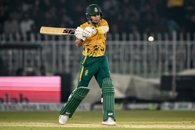 South Africa's Reeza Hendricks plays a shot during the first Twenty20 international cricket match between Pakistan and South Africa at Rawalpindi Cricket Stadium in Rawalpindi on October 28, 2025. (Photo by Farooq NAEEM / AFP)