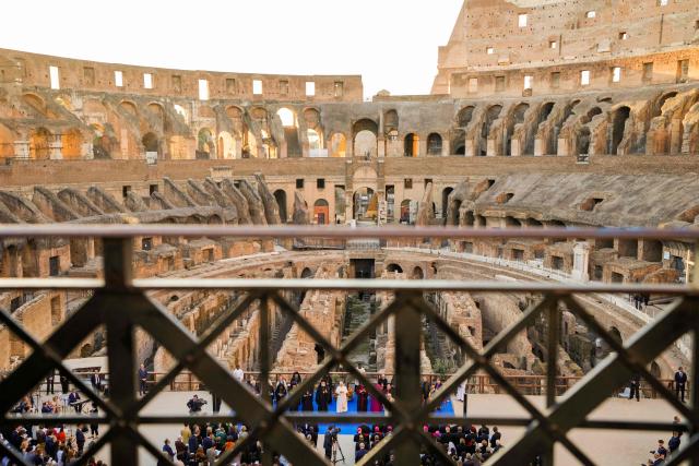 Pope Leo XIV attends an inter-religious meeting to pray for peace inside the Colosseum in Rome, on October 28, 2025. (Photo by Gregorio Borgia / POOL / AFP)