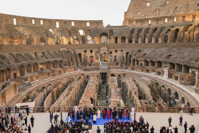 Pope Leo XIV attends an inter-religious meeting to pray for peace inside the Colosseum in Rome, on October 28, 2025. (Photo by Gregorio Borgia / POOL / AFP)