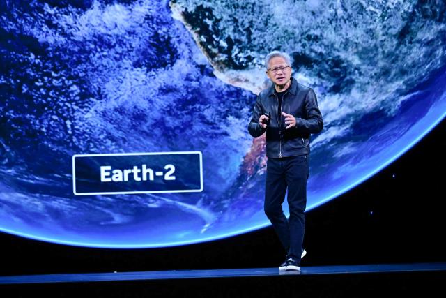 NVIDIA CEO Jensen Huang speaks during the Live Keynote Pregame during the Nvidia GTC (GPU Technology Conference) in Washington, DC, on October 28, 2025. (Photo by Jim WATSON / AFP)