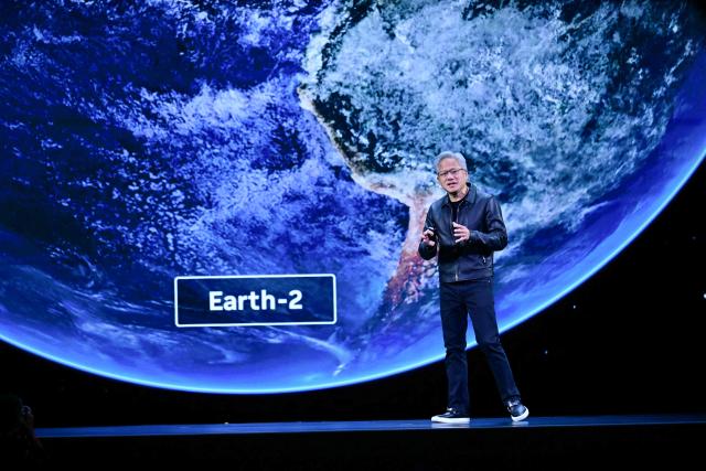 NVIDIA CEO Jensen Huang speaks during the Live Keynote Pregame during the Nvidia GTC (GPU Technology Conference) in Washington, DC, on October 28, 2025. (Photo by Jim WATSON / AFP)