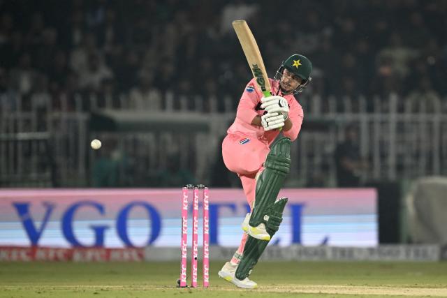 Pakistan's Saim Ayub plays a shot during the first Twenty20 international cricket match between Pakistan and South Africa at Rawalpindi Cricket Stadium in Rawalpindi on October 28, 2025.  (Photo by Farooq NAEEM / AFP)