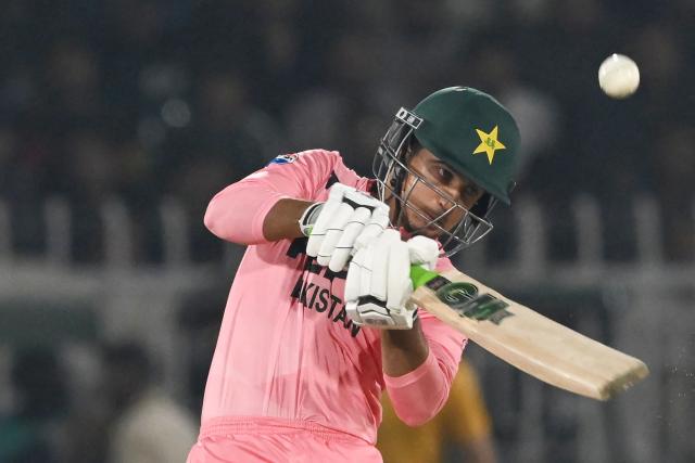 Pakistan's Saim Ayub plays a shot during the first Twenty20 international cricket match between Pakistan and South Africa at the Rawalpindi Cricket Stadium in Rawalpindi on October 28, 2025. (Photo by Farooq NAEEM / AFP)