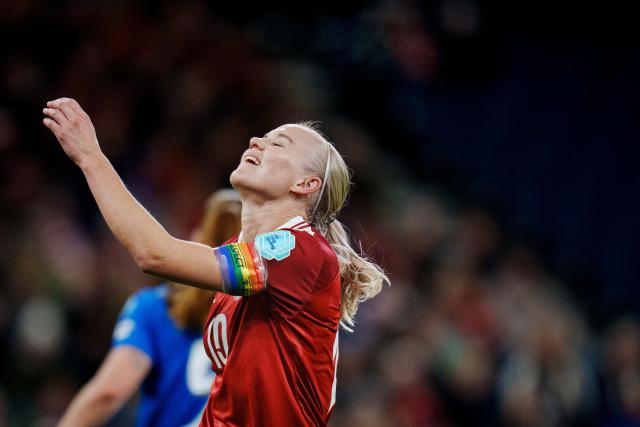 Denmark's Pernille Harder reacts during the UEFA Women's Nations League play-off, 2nd-leg football match between Denmark and Finland in Copenhagen, Denmark on October 28, 2025. (Photo by Liselotte Sabroe / Ritzau Scanpix / AFP) / Denmark OUT