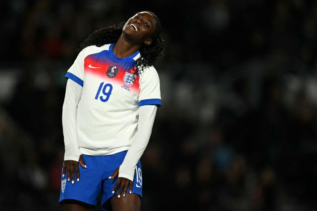 England's striker #19 Michelle Agyemang reacts after failing to score during the Women's International friendly football match between England and Australia at Pride Park Stadium in Derby, central England on October 28, 2025. (Photo by Paul ELLIS / AFP)