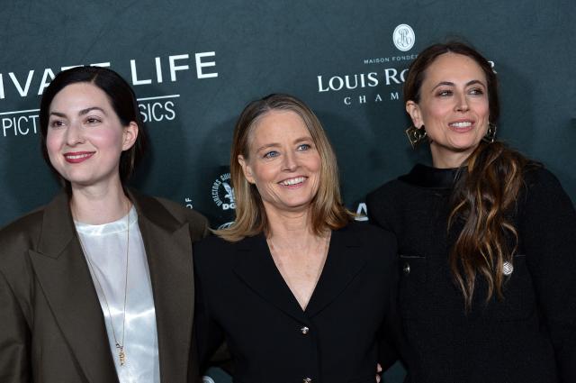 (L-R) French director Rebecca Zlotowski, US actress Jodie Foster and French writer Anne Berest attend the premiere of their movie "A Private Life" on the opening night of The American French Film Festival (TAFFF) at the DGA Theater in Los Angeles, California on October 28, 2025. (Photo by Unique NICOLE / AFP)