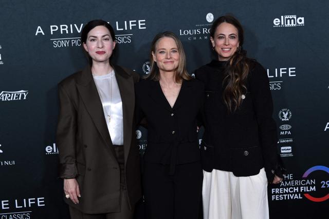 (L-R) French director Rebecca Zlotowski, US actress Jodie Foster and French writer Anne Berest attend the premiere of their movie "A Private Life" on the opening night of The American French Film Festival (TAFFF) at the DGA Theater in Los Angeles, California on October 28, 2025. (Photo by Unique Nicole / AFP)