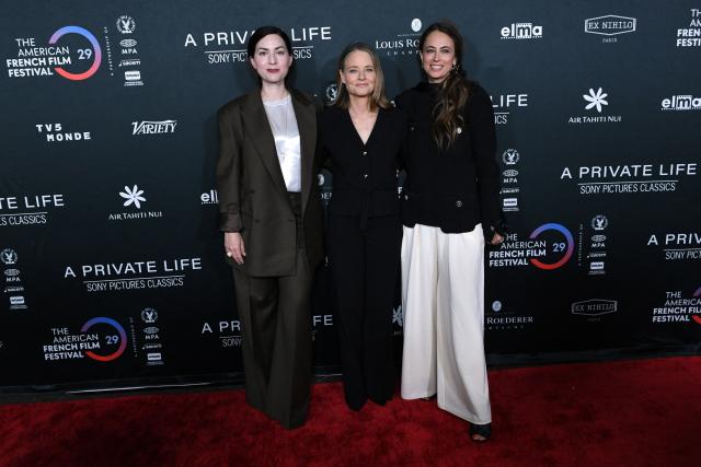 (L-R) French director Rebecca Zlotowski, US actress Jodie Foster and French writer Anne Berest attend the premiere of their movie "A Private Life" on the opening night of The American French Film Festival (TAFFF) at the DGA Theater in Los Angeles, California on October 28, 2025. (Photo by Unique Nicole / AFP)