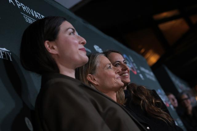 (L-R) French director Rebecca Zlotowski, US actress Jodie Foster and French writer Anne Berest attend the premiere of their movie "A Private Life" on the opening night of The American French Film Festival (TAFFF) at the DGA Theater in Los Angeles, California on October 28, 2025. (Photo by Etienne LAURENT / AFP)