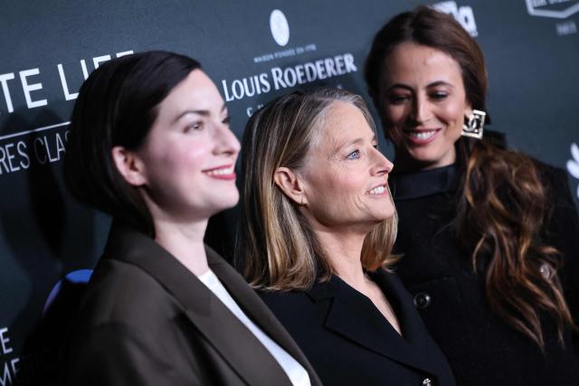 (L-R) French director Rebecca Zlotowski, US actress Jodie Foster and French writer Anne Berest attend the premiere of their movie "A Private Life" on the opening night of The American French Film Festival (TAFFF) at the DGA Theater in Los Angeles, California on October 28, 2025. (Photo by Etienne Laurent / AFP)