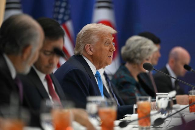 US President Donald Trump attends a bilateral meeting with South Korean President Lee Jae Myung at the Gyeongju National Museum in Gyeongju on October 29, 2025. (Photo by ANDREW CABALLERO-REYNOLDS / AFP)