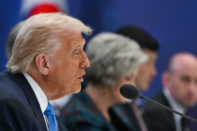US President Donald Trump attends a bilateral meeting with South Korean President Lee Jae Myung at the Gyeongju National Museum in Gyeongju on October 29, 2025. (Photo by ANDREW CABALLERO-REYNOLDS / AFP)