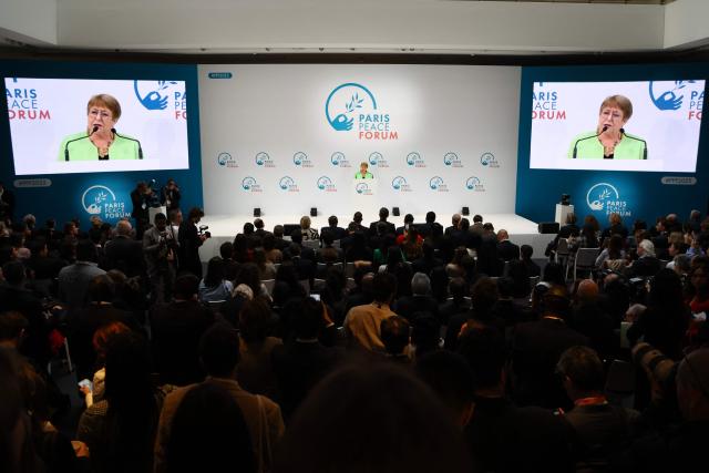 Former Chilean President, founder of the Horizonte Ciudadano foundation, Michelle Bachelet  delivers remarks during the opening session of the 8th Paris Peace Forum at the Palais Brongniart in Paris, on October 29, 2025. Over 300 participants including business, government and international organization leaders, academics and civil society members are meeting in Paris' Palais de Chaillot to discuss the issues of conflict resolution, climate and peace, marking the 10th anniversary of the Paris Agreement. (Photo by Ludovic MARIN / AFP)