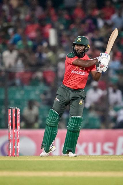 Bangladesh's Jaker Ali plays a shot during the second Twenty20 international cricket match between Bangladesh and West Indies at the Bir Sreshtho Flight Lieutenant Matiur Rahman Stadium in Chittagong on October 29, 2025. (Photo by Munir UZ ZAMAN / AFP)