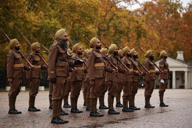 Members of the 1914 Sikhs Ceremonial Marching Troop, created to remember the Sikh soldiers who fought for Britain in the First World War, form up  during a ceremony to mark the troop's creation at Wellington Barracks in London on October 29, 2025. The Sikh Military Foundation has worked with the British Army to create this historic event. It honours more than 100,000 Sikh soldiers who fought for Britain between 1914 and 1918. (Photo by HENRY NICHOLLS / AFP)