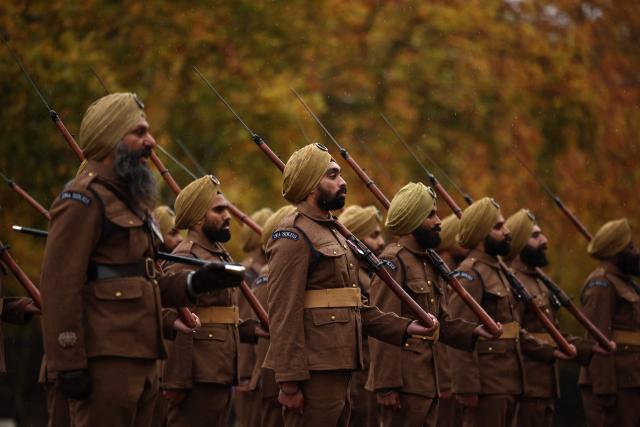 Members of the 1914 Sikhs Ceremonial Marching Troop, created to remember the Sikh soldiers who fought for Britain in the First World War, form up  during a ceremony to mark the troop's creation at Wellington Barracks in London on October 29, 2025. The Sikh Military Foundation has worked with the British Army to create this historic event. It honours more than 100,000 Sikh soldiers who fought for Britain between 1914 and 1918. (Photo by HENRY NICHOLLS / AFP)