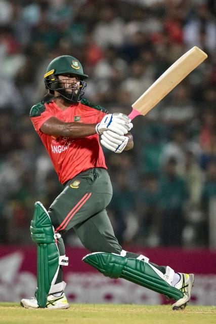 Bangladesh's Jaker Ali plays a shot during the second Twenty20 international cricket match between Bangladesh and West Indies at the Bir Sreshtho Flight Lieutenant Matiur Rahman Stadium in Chittagong on October 29, 2025. (Photo by Munir UZ ZAMAN / AFP)