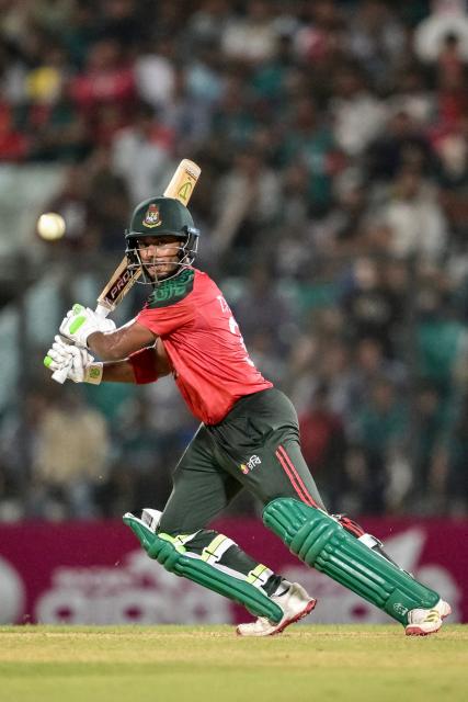Bangladesh's Tanzid Hasan plays a shot during the second Twenty20 international cricket match between Bangladesh and West Indies at the Bir Sreshtho Flight Lieutenant Matiur Rahman Stadium in Chittagong on October 29, 2025. (Photo by Munir UZ ZAMAN / AFP)