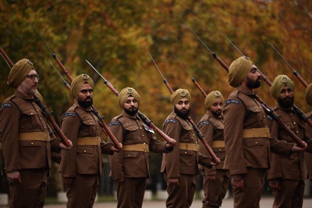 Members of the 1914 Sikhs Ceremonial Marching Troop, created to remember the Sikh soldiers who fought for Britain in the First World War, form up  during a ceremony to mark the troop's creation at Wellington Barracks in London on October 29, 2025. The Sikh Military Foundation has worked with the British Army to create this historic event. It honours more than 100,000 Sikh soldiers who fought for Britain between 1914 and 1918. (Photo by HENRY NICHOLLS / AFP)