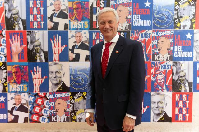 Chile's presidential candidate Jose Antonio Kast of the Republican Party poses for a portrait during a press conference to present his proposals on border protection and measures against illegal immigration, at his campaign headquarters in Santiago, on October 29, 2025. Chile will hold the presidential election on November 16, 2025. (Photo by Raul BRAVO / AFP)