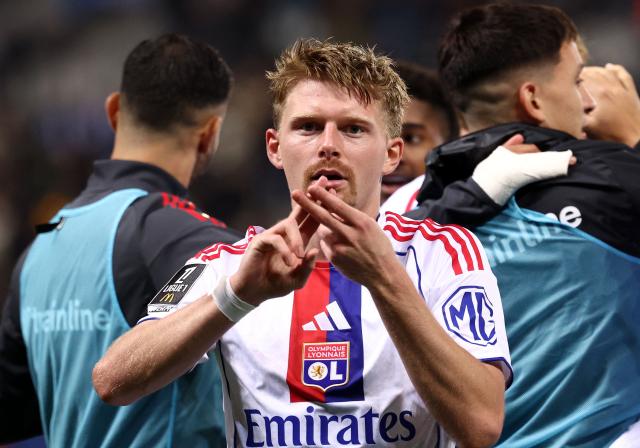 Lyon's Czech midfielder #10 Pavel Sulc celebrates scoring a goal during the ench L1 football match between RC Strasbourg Alsace and AJ Auxerre at the Stade de la Meinau in Strasbourg, eastern France, on October 29, 2025. (Photo by FRANCK FIFE / AFP)