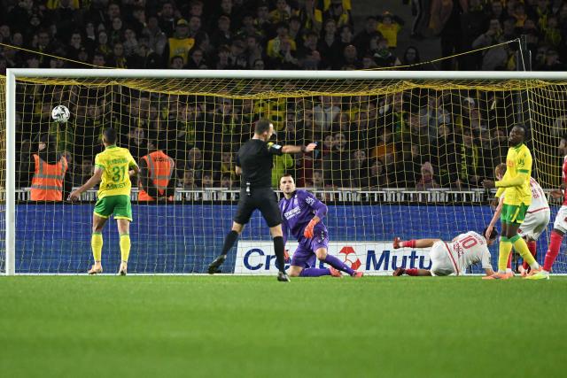 Monaco's Russian midfielder #10 Aleksandr Golovin (3rd R) shoots and scores a goal during  the French L1 football match between FC Nantes and AS Monaco at the Stade de la Beaujoire-Louis Fonteneau in Nantes, western France, on October 29, 2025. (Photo by Sebastien Salom-Gomis / AFP)