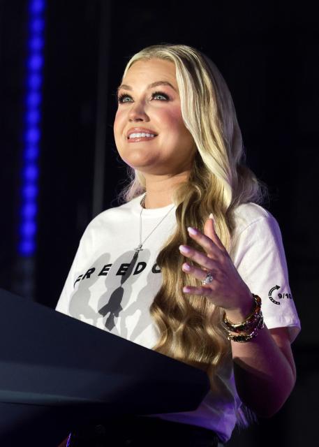 Erika Kirk, Charlie Kirk's widow, speaks during a Turning Point USA where US Vice President JD Vance is expected, at the University of Mississippi, in Oxford, Mississippi, October 29, 2025. (Photo by JONATHAN ERNST / POOL / AFP)